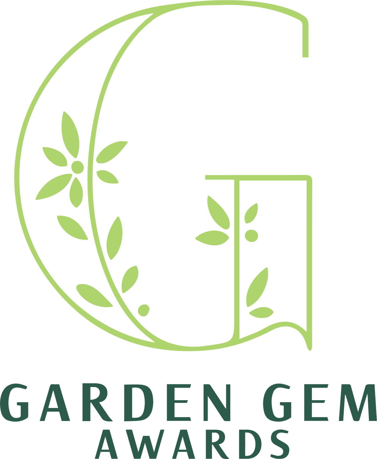 Letter G outlined with leaves sprouting off the lines and text that reads "Garden Gem Awards"